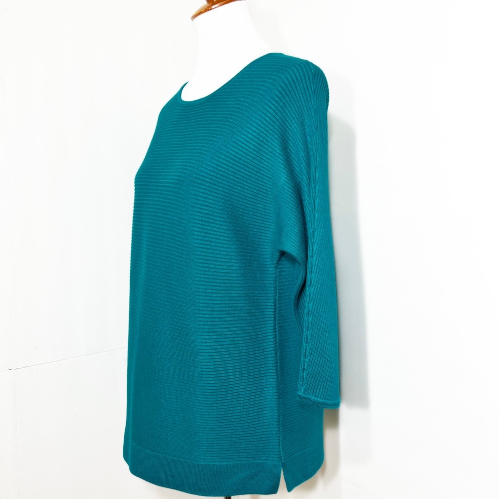 Chico’s Teal Ribbed Knit Raglan 3/4 Sleeve Dolman Pullover Tunic Sweater Top - Picture 3 of 9
